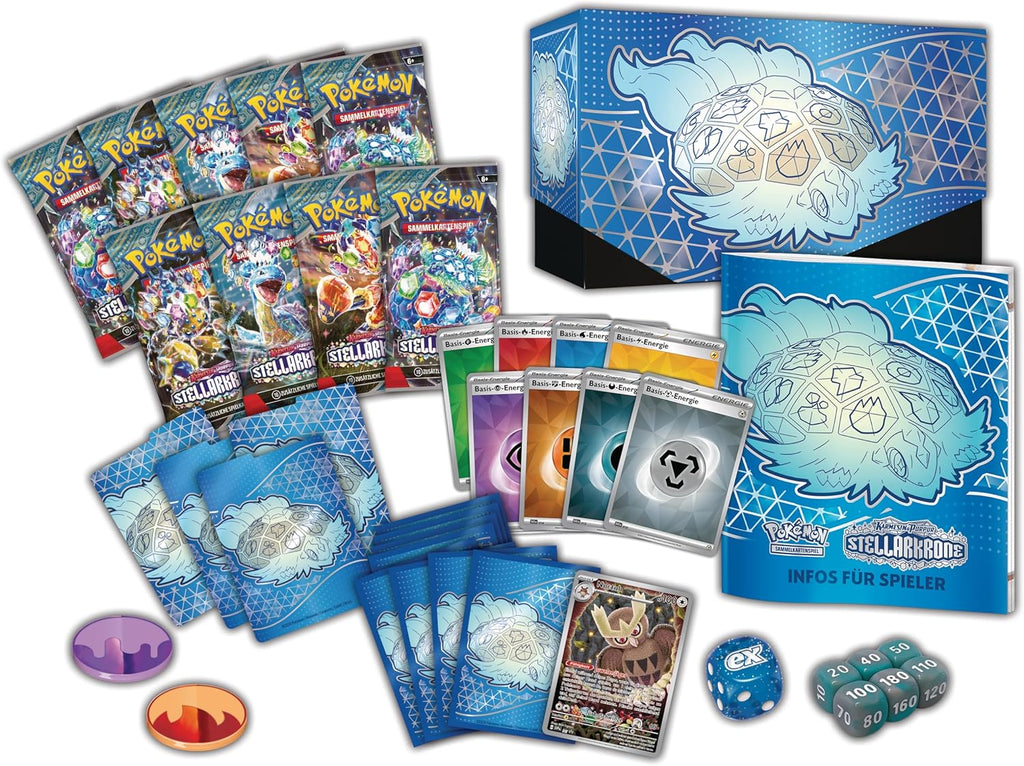 Pokémon-Sammelkartenspiel: Top-Trainer-Box Karmesin & Purpur – Stellarkrone (1 Vollbild-Promokarte, 9 Boosterpacks & Premium-Zubehör)