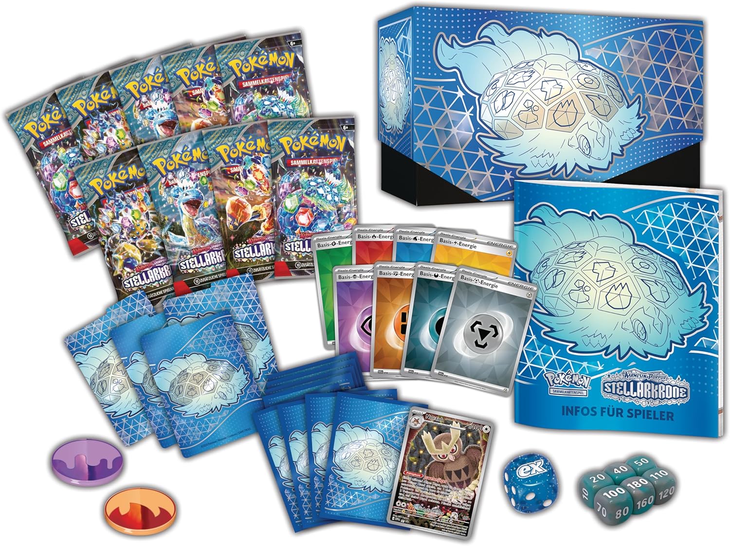 Pokémon-Sammelkartenspiel: Top-Trainer-Box Karmesin & Purpur – Stellarkrone (1 Vollbild-Promokarte, 9 Boosterpacks & Premium-Zubehör)
